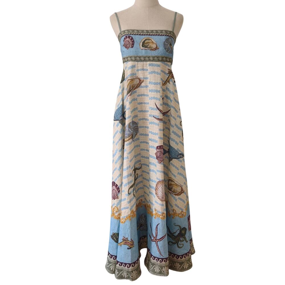 ALEMAIS + Sam Pauletto Bath House printed smocked linen midi dress US 4 - Picture 6 of 11